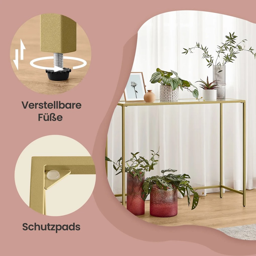Mesa consola entrada linhas simples 35 x 100 x 80 cm vidro, aço Dourada