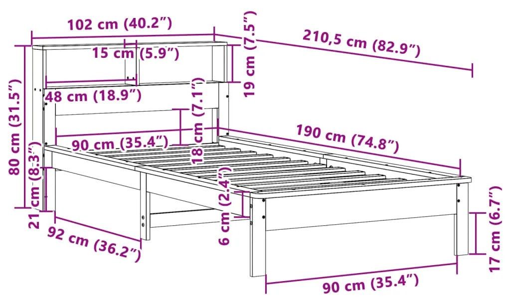 Cama com estante sem colchão 90x190cm pinho maciço castanho-mel