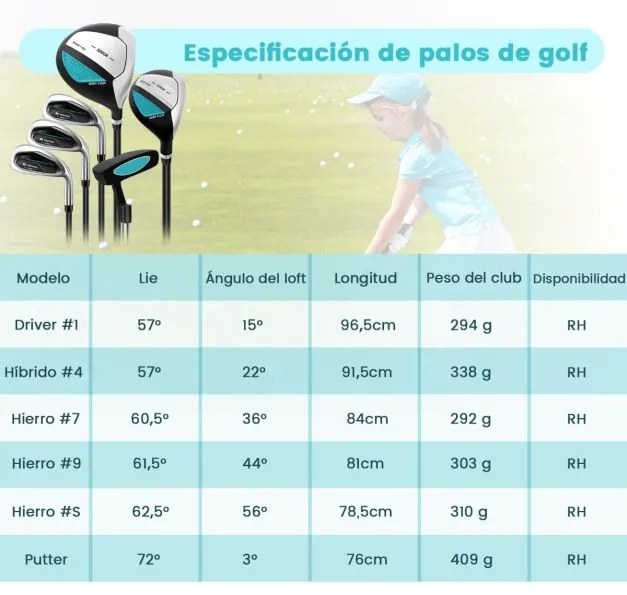 Conjunto de tacos de golfe para crianças dos 11 aos 13 anos, incluindo saco de apoio com capuz para chuva Driver n.º 1 Híbrido n.º 5 Ferros e Putter n