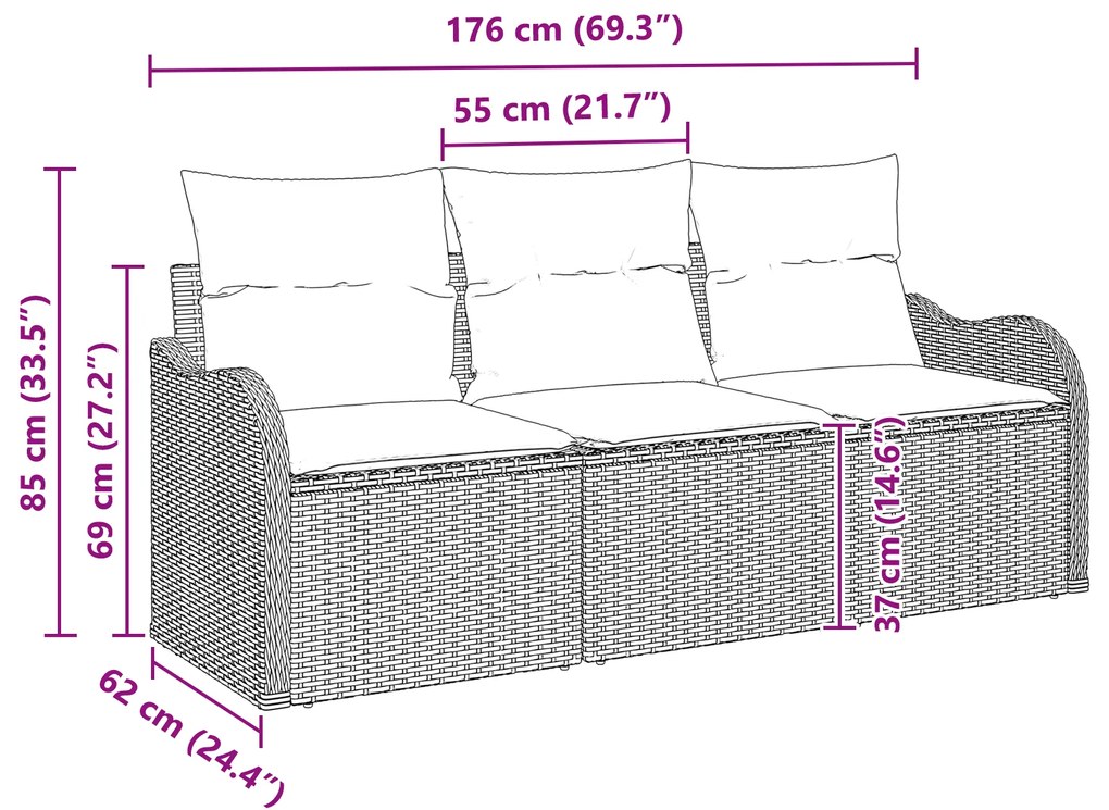 Conjunto de Sofá de Jardim de 3 Peças com Almofadas Cinza de Rattan
