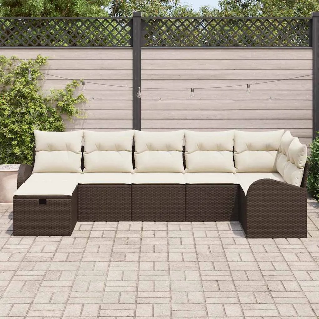 Conjunto de Sofás Jardim 7 Peças com Almofadas Castanho de Rattan Poli