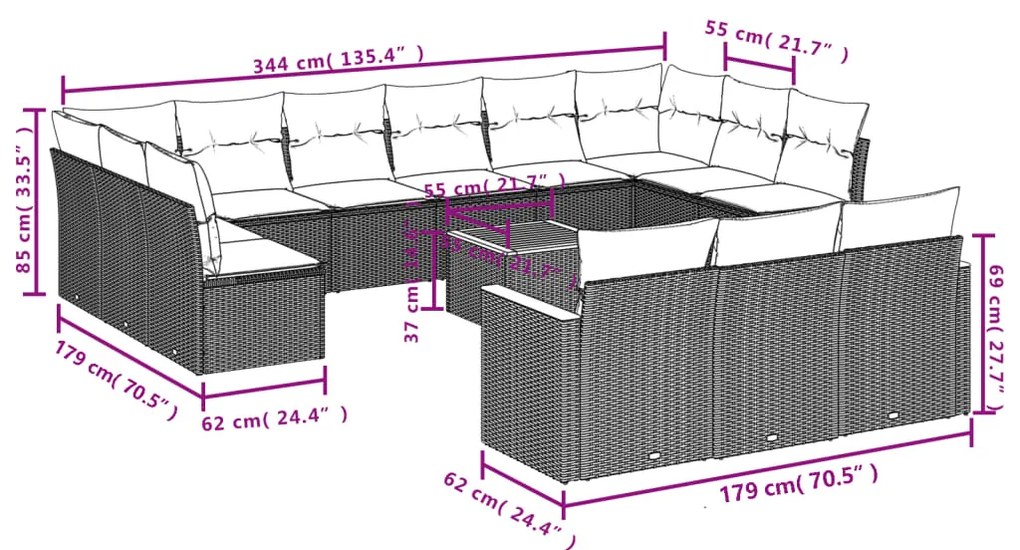14 pcs conjunto de sofás p/ jardim c/ almofadões vime PE preto