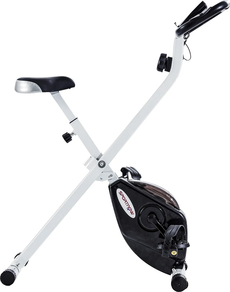 Bicicleta Estática Dobrável Silenciosa com 8 Níveis de Resistência, Monitor LCD, Assento Ajustável e Rodas, Branca