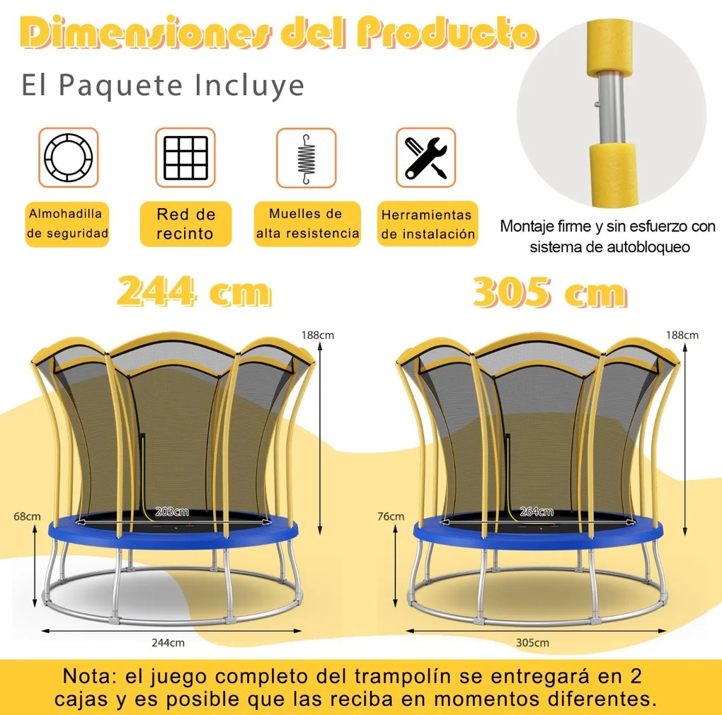 Trampolim 304 cm em forma de flor Rede de segurança Almofada de segurança e Estrutura de metal galvanizado Azul + Amarelo