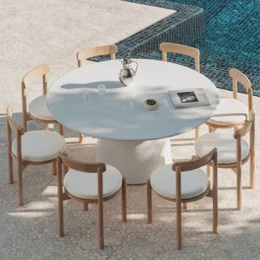 Conjunto De Mesa Redonda Ø150 Cm Em Cimento Numira E 8 Cadeiras De Jardim Em Madeira De Acácia Nualis Branco Brilhante - Sklum
