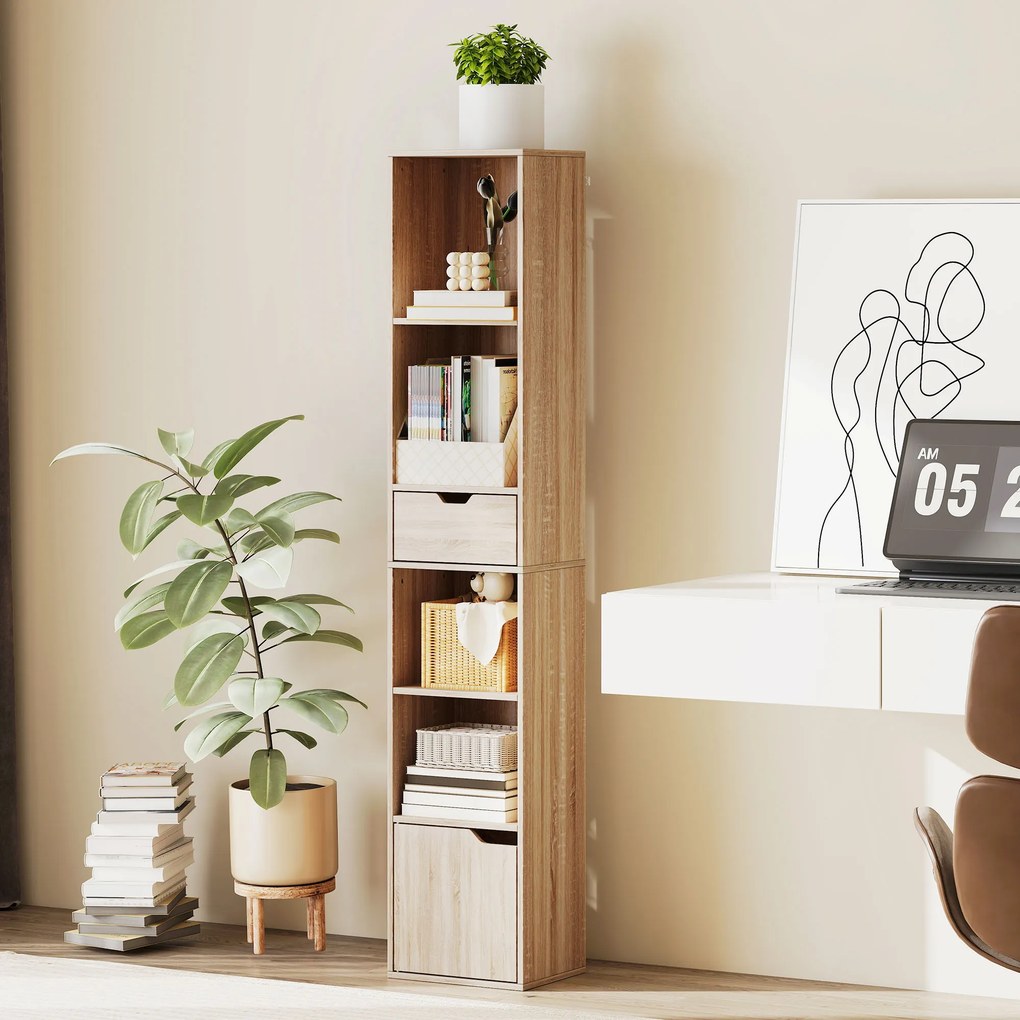 Biblioteca, estante para livros 30 x 24 x 158 cm, móvel de arrumação com gaveta, armário e compartimentos abertos, cor natural