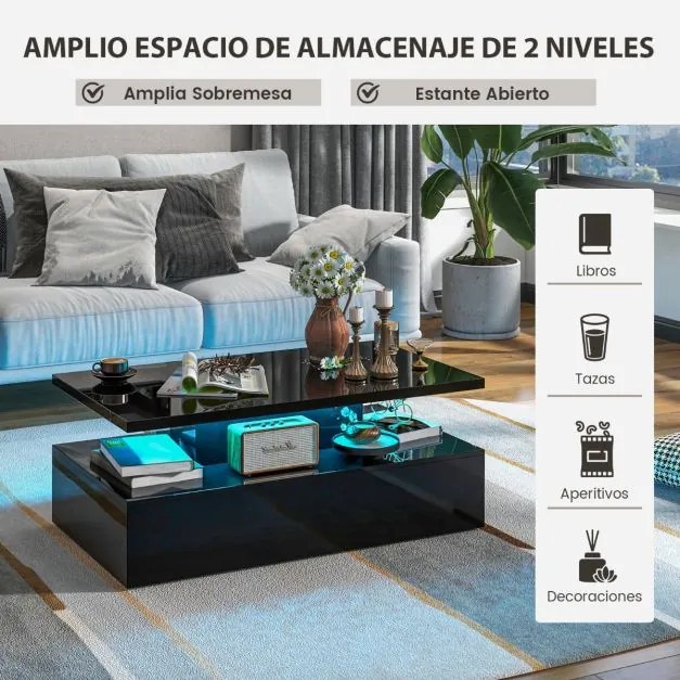 Mesa de centro LED de 2 níveis com cores de luz ajustáveis em formato retangular contemporâneo para sala de estar 110 x 60 x 40 cm Preto