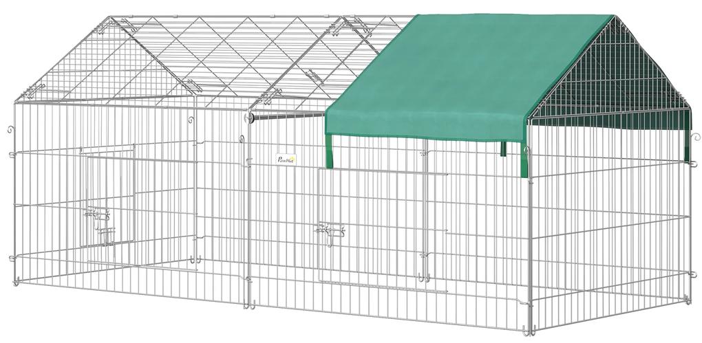 Gaiola para Animais de Estimação Pequenos 220x103x103cm Gaiola para Coelhos e Galinhas com 2 Portas e Proteção Solar para Exterior Jardim Pátio Prata