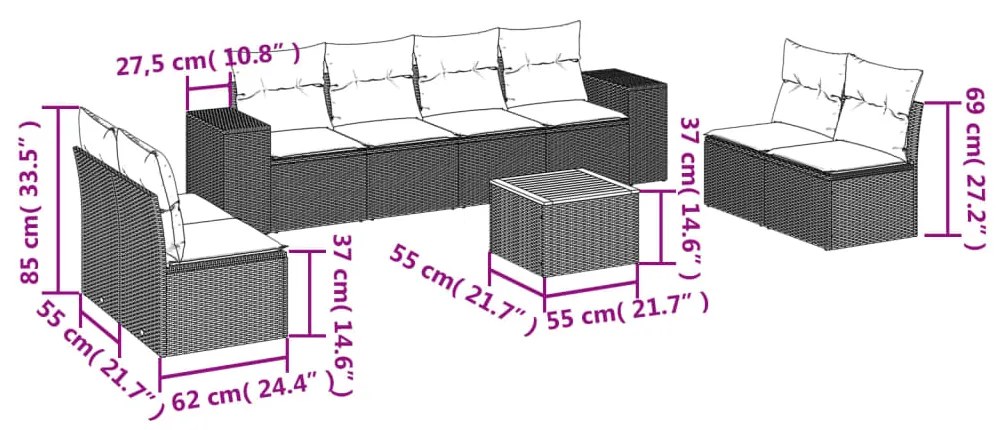 9 pcs conjunto de sofás p/ jardim com almofadões vime PE bege