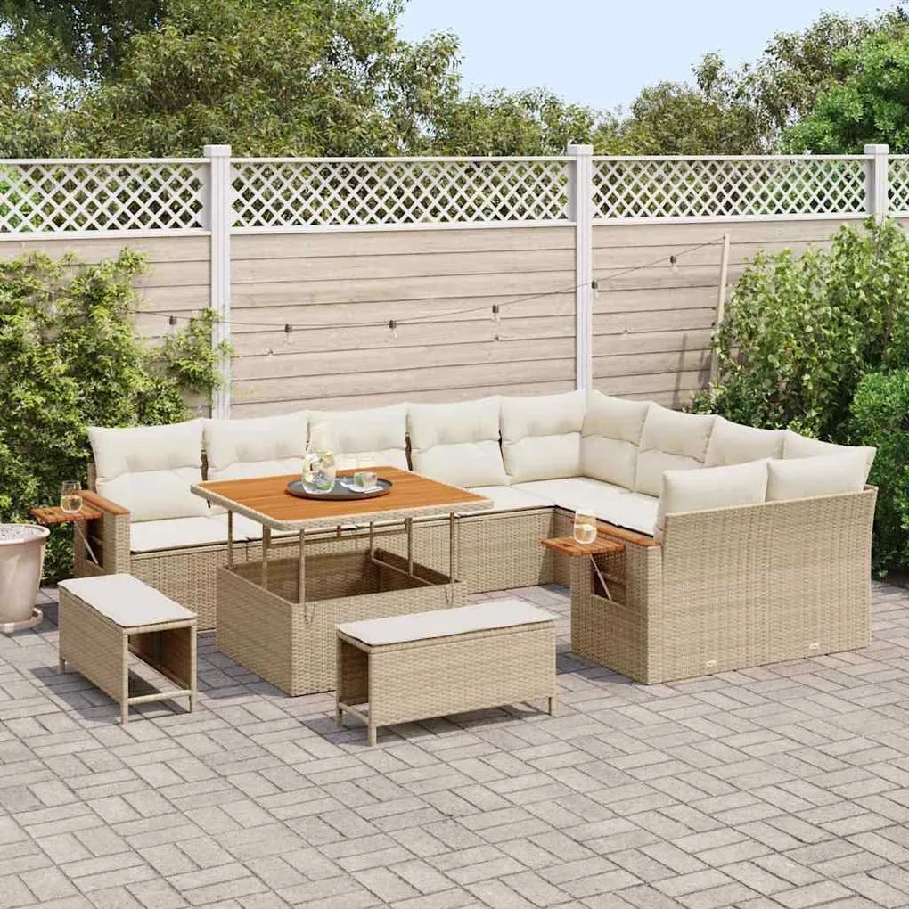 Conjunto de Sofá de Jardim vidaXL 12 Peças com Almofadas Bege Poly Rat