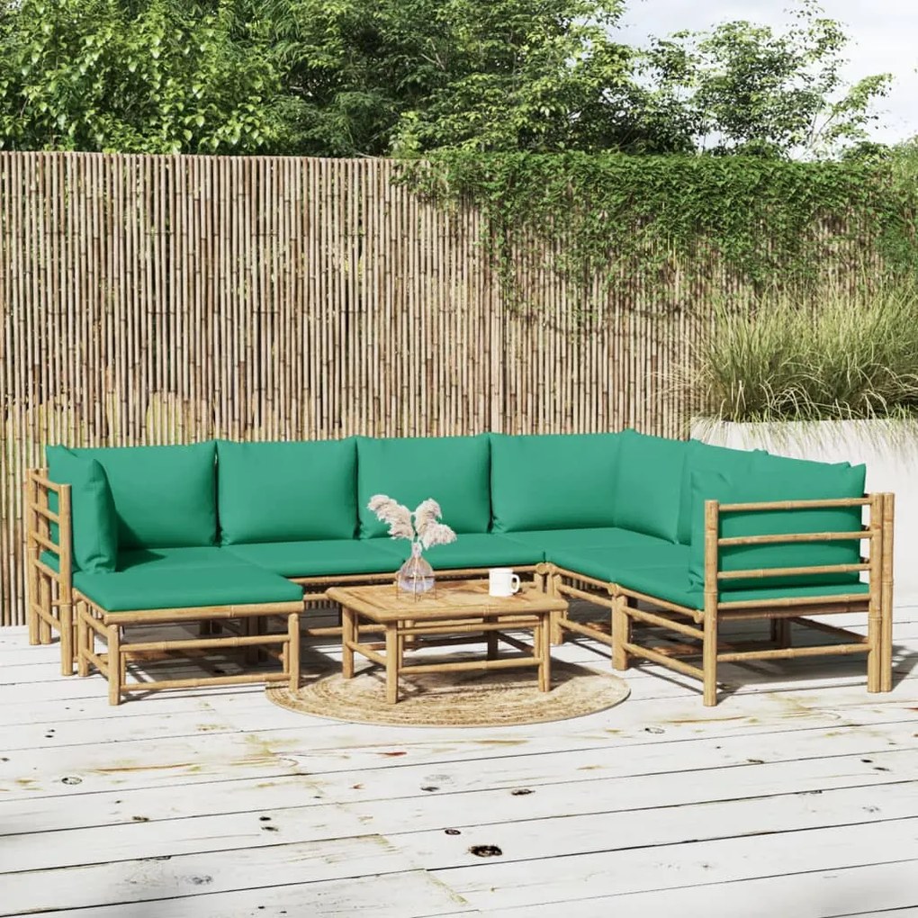 vidaXL 8 pcs conjunto lounge de jardim bambu c/ almofadões verdes