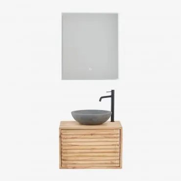 Conjunto De Móveis De Banheiro De Madeira Suspensos Deleyna Madeira Natural & Cimento Cinzento Redondo Ø40 Cm Tarsis & Led - Sklum