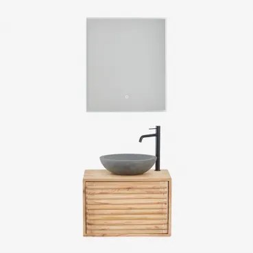 Conjunto De Móvel De Casa De Banho Suspenso 60x45 Cm Em Madeira Deleyna Madeira Natural & Cimento Cinzento Redondo Ø40 Cm Tarsis & Led - Sklum