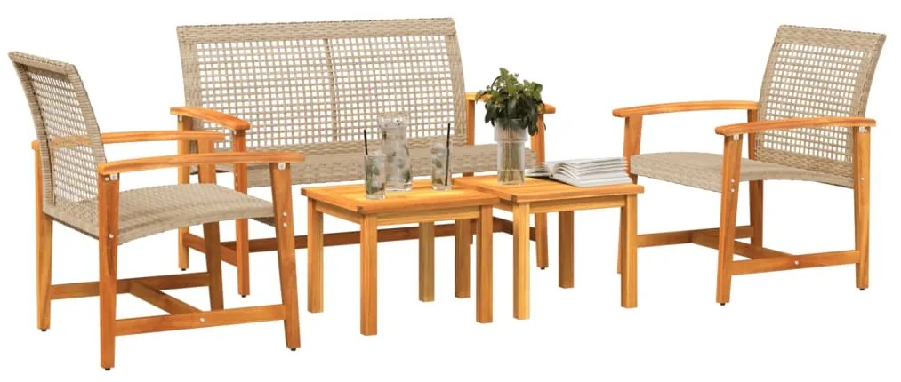 5 pcs conj. lounge para jardim vime PE e madeira acácia bege