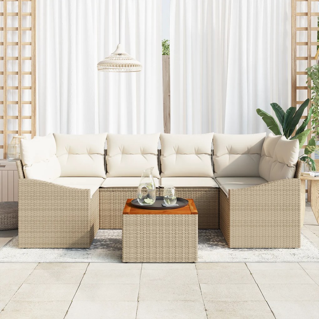 Conjunto de Sofá de Jardim de 7 Peças com Almofadas Bege Poli Rattan A