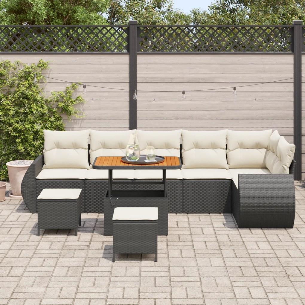 Conjunto de Sofá de Jardim vidaXL 9 Peças com Almofadas Preto Poliprop