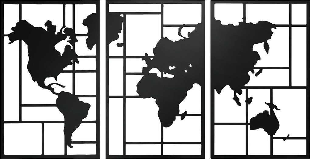 HOMCOM Decoração de Parede em Metal com Mapa Múndi Conjunto de 3 Peças Quadros de Parede Metálicos Preto | Aosom Portugal