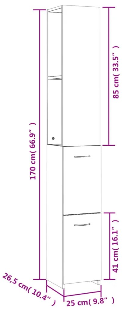 Armário WC 25x26,5x170 cm derivados de madeira cinzento cimento