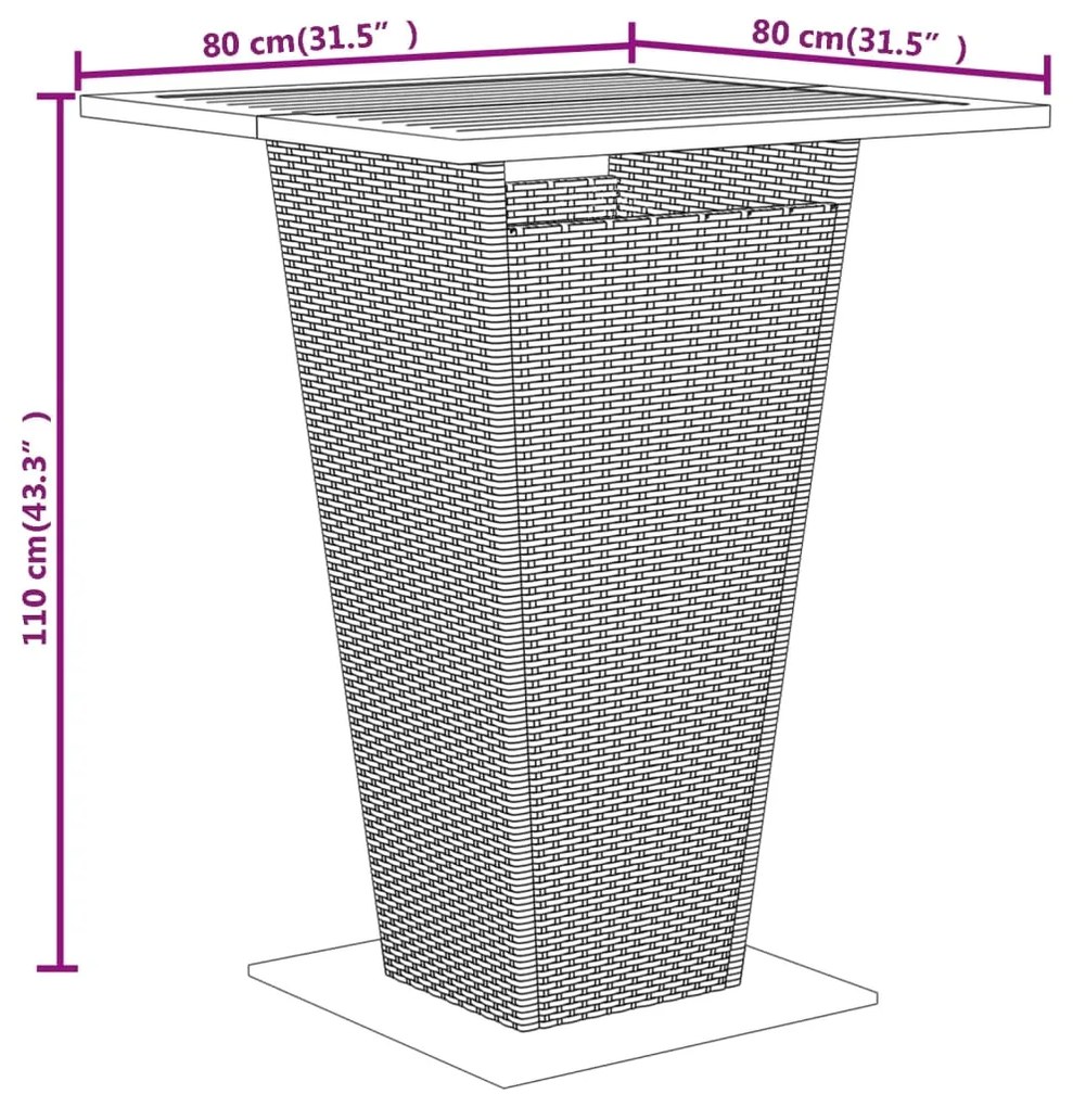 5 pcs conjunto de bar p/ jardim vime PE/acácia maciça preto