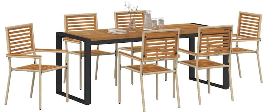 Conjunto de Jantar de Jardim de 7 Peças Bege em Rattan Poly e Acácia v