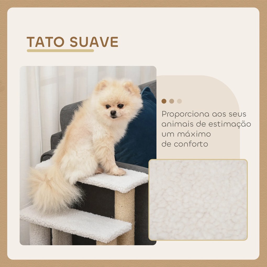 Escada para Gatos de 4 Níveis Coberta de Pelúcia Suave Poste de Juta Bola Pendurada Arranhador para Gatos 60x40x64 cm Branco