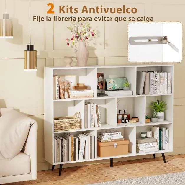 Estante de 3 níveis com 10 cubos, 4 pés de metal e dispositivo anti-capotamento para sala de estar ou escritório 100 x 24 x 107 cm branco