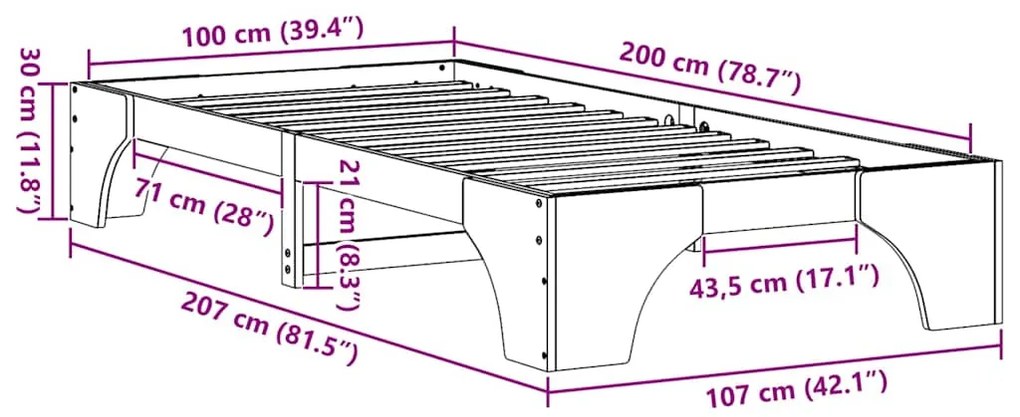 Estrutura da Cama em Madeira de Pinho Sólido Castanho 100x200 cm