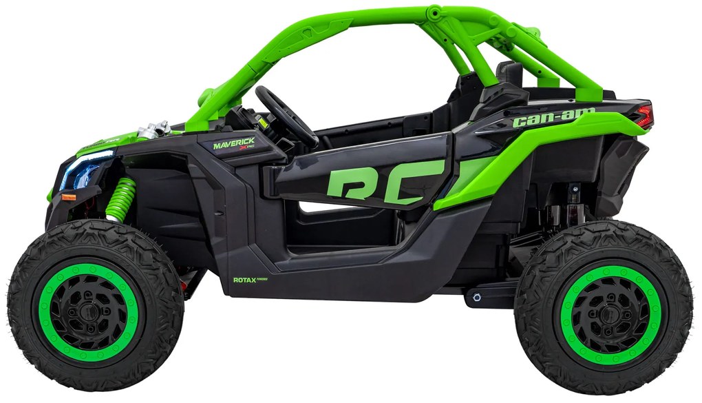 Carro elétrico para Crianças 2 Lugares 24V CAM-AM Buggy Maverick Turbo RR STRONG Motor 320 W, Rodas AR bombeado, assento couro ecológico Verde
