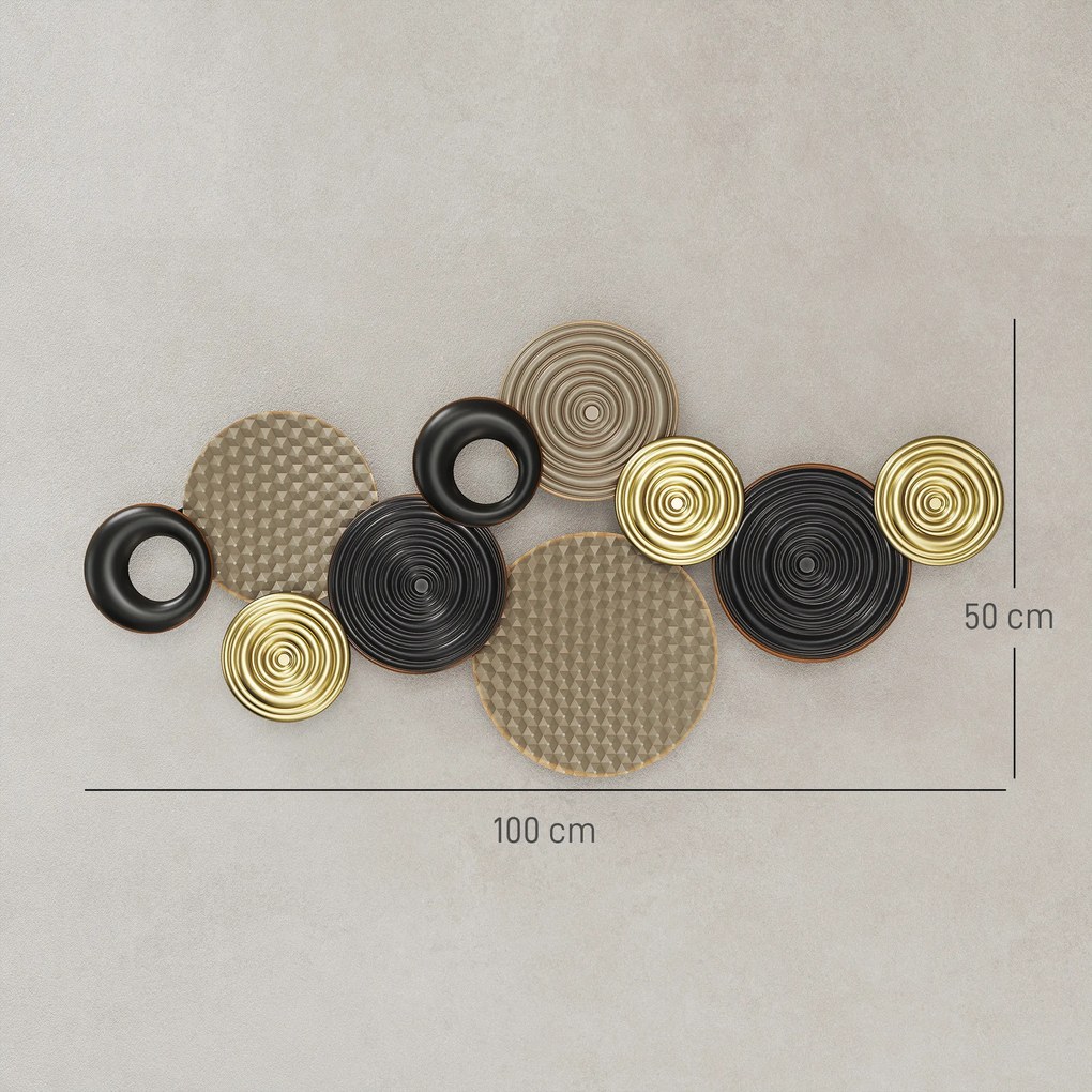 Decoração de parede em metal 100 x 50 cm, escultura de parede em metal, design exclusivo com vários discos, , cáqui e preto