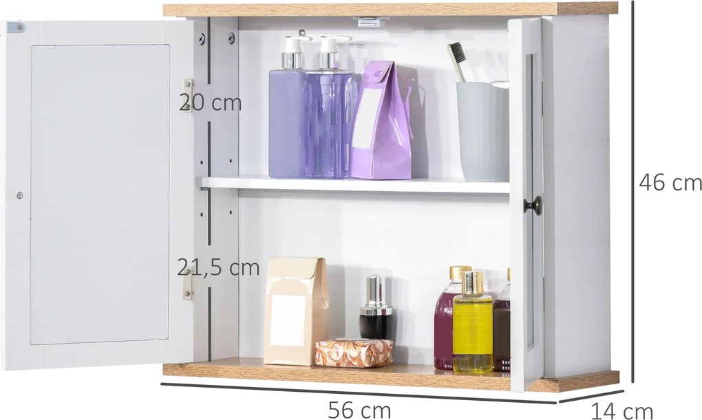Armário de parede com espelho para casa de banho 56 x 14 x 46 cm, de 2 níveis, com 1 prateleira ajustável e 2 portas em branco