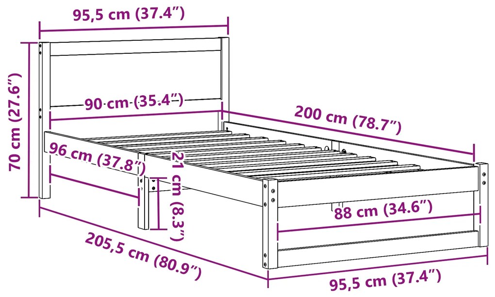 Estrutura de Cama Marrom Cera Madeira maciça 90 x 200 cm Robusta