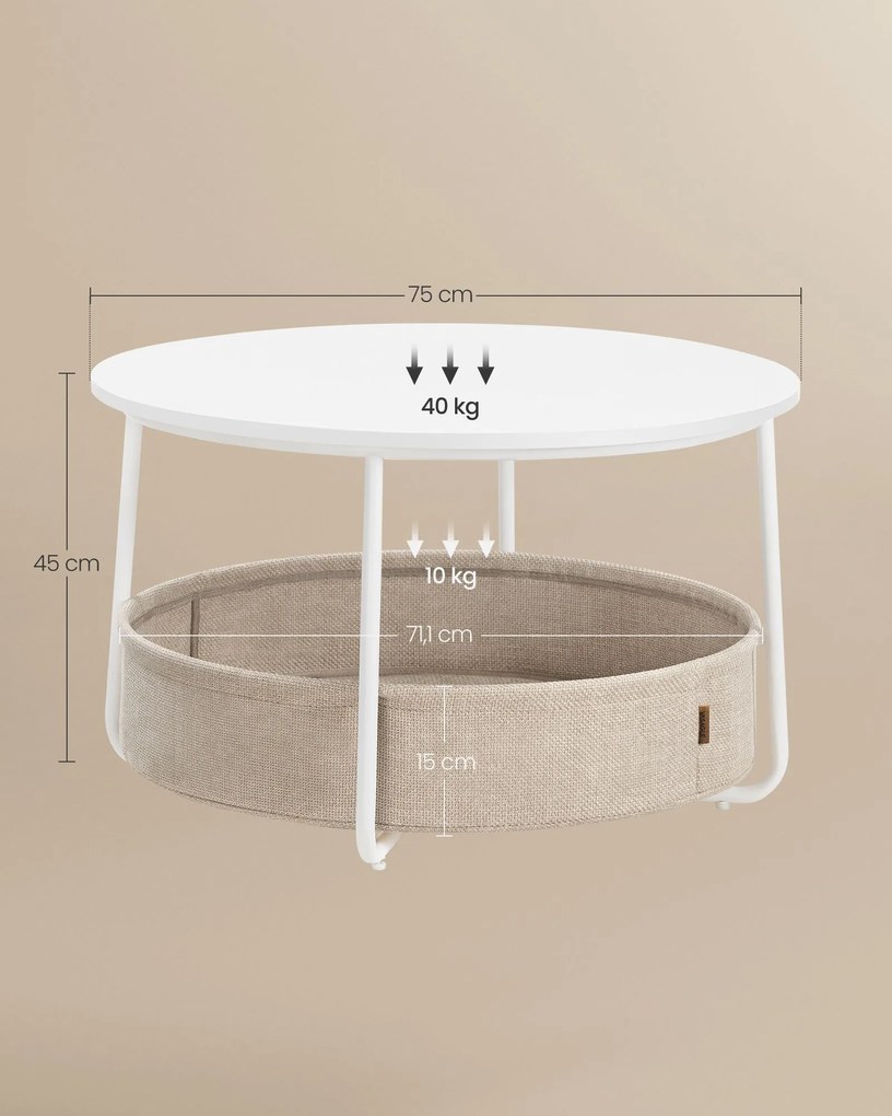 Mesa de centro redonda 75 cm com cesto em tecido branco mate