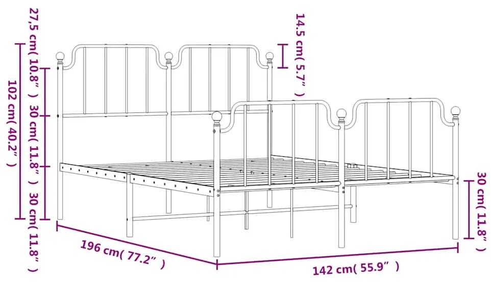 Estrutura de cama com cabeceira e pés 135x190 cm metal branco