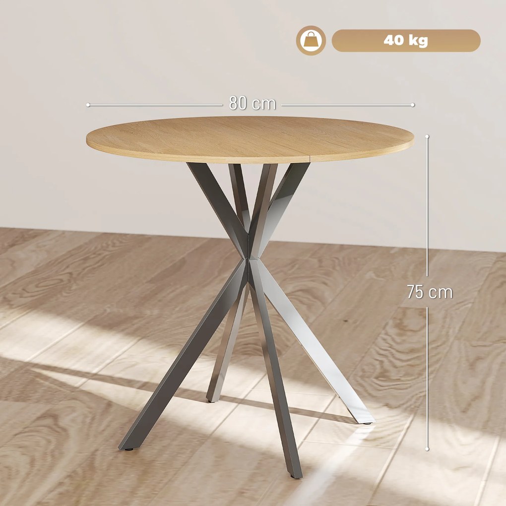 Mesa de Jantar Redonda, 80 x 80 x 75 cm (CADEIRAS NÃO INCLUIDAS), Estrutura Cruzada em Aço, cor Madeira natural e preta