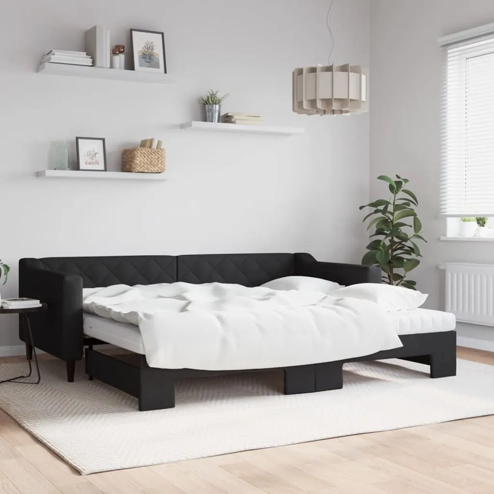 vidaXL Sofá-cama com gavetão e colchões 90x200 cm tecido preto