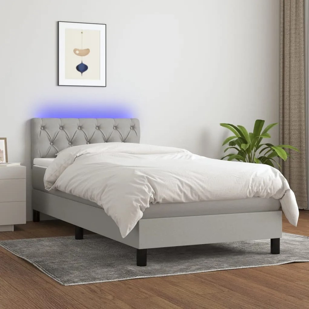 Cama box spring c/ colchão e LED 80x200 cm tecido cinza-claro