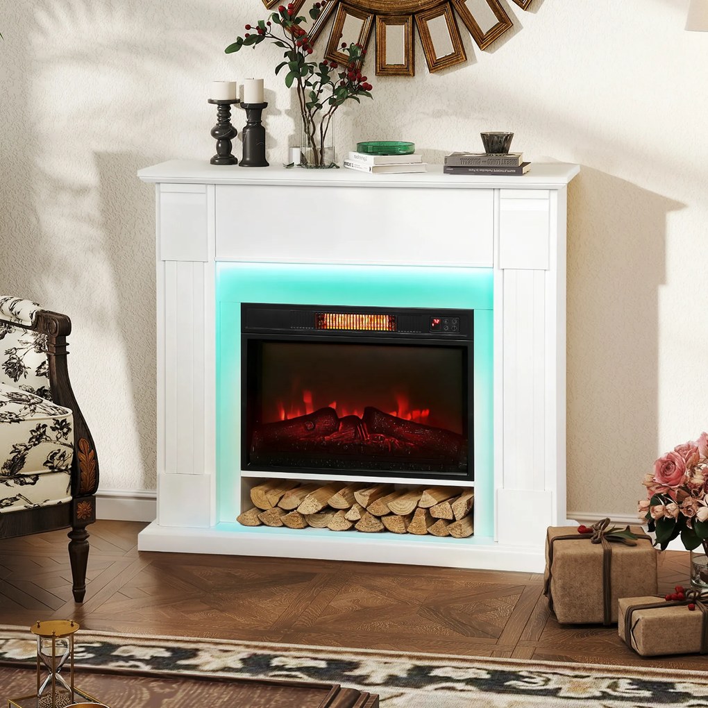 Lareira Elétrica com Efeito de Chama 3D e Tira de Luz LED RGB 1800W Temporizador  para 30 m² 105x27x97 cm Branca