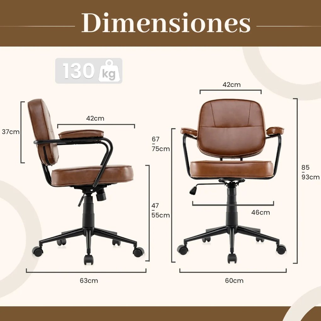 Cadeira de escritório ergonómica estilo meados do século com braços acolchoados, giratória e ajustável em altura com rodas castanho