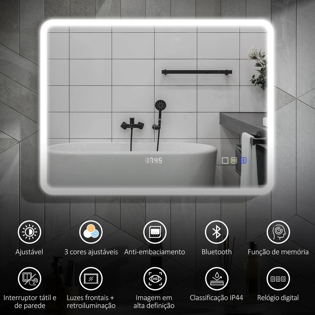Espelho de Casa de Banho com Luz LED 80x60 cm Bluetooth 3 Cores de Luz Relógio Digital Função Antiembaciamento Função de Memória Prata