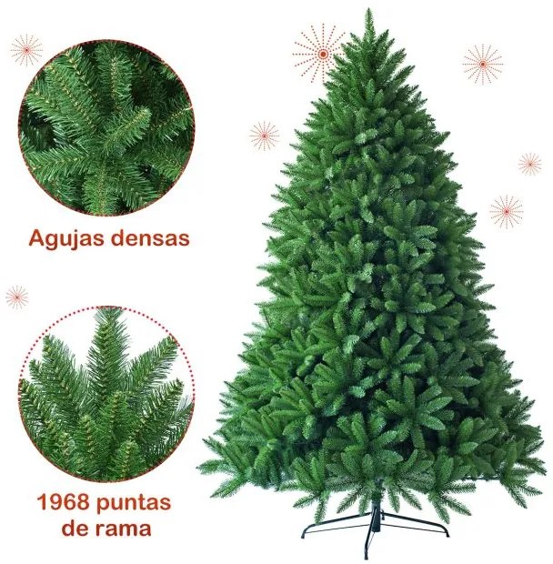 Árvore de Natal de 2,25 m sem iluminação com 1968 ramos artificial com base metálica resistente Verde