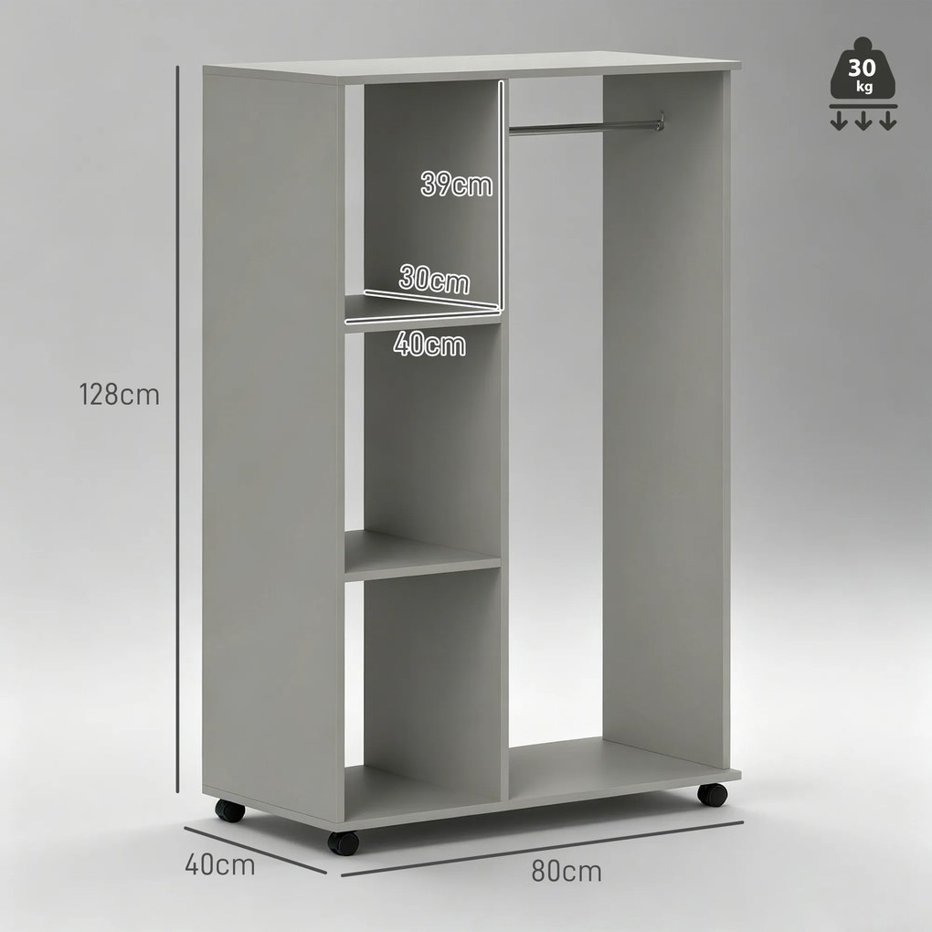 Guarda Roupa aberto, 80 x 40 x 128 cm, Arrumação Aberta, Cinzento