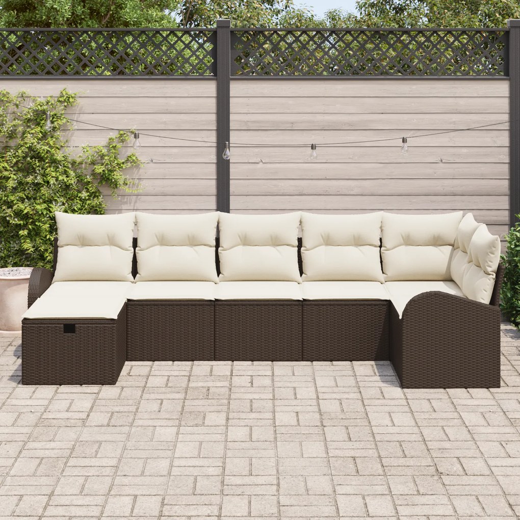Conjunto de Sofás Jardim 7 Peças com Almofadas Castanho de Rattan Poli