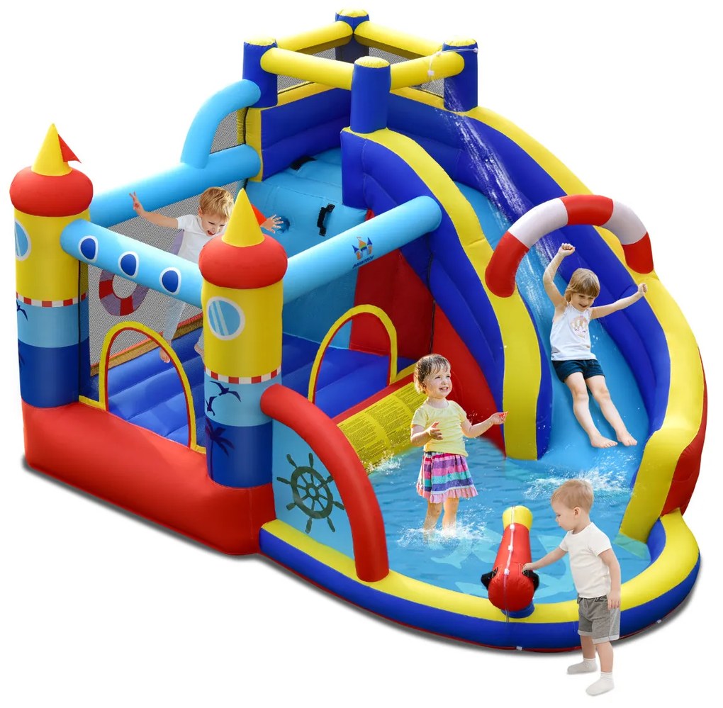 Parque aquático infantil Castelo insuflável 6 em 1 (SEM COMPRESSOR) com escorrega, área de salto, parede de escalada, piscina em forma de barco 360 x