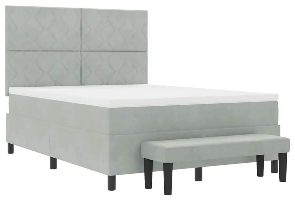 Cama Box Spring com Colchão &amp; Banco Cinza Claro 140x200 cm Veludo