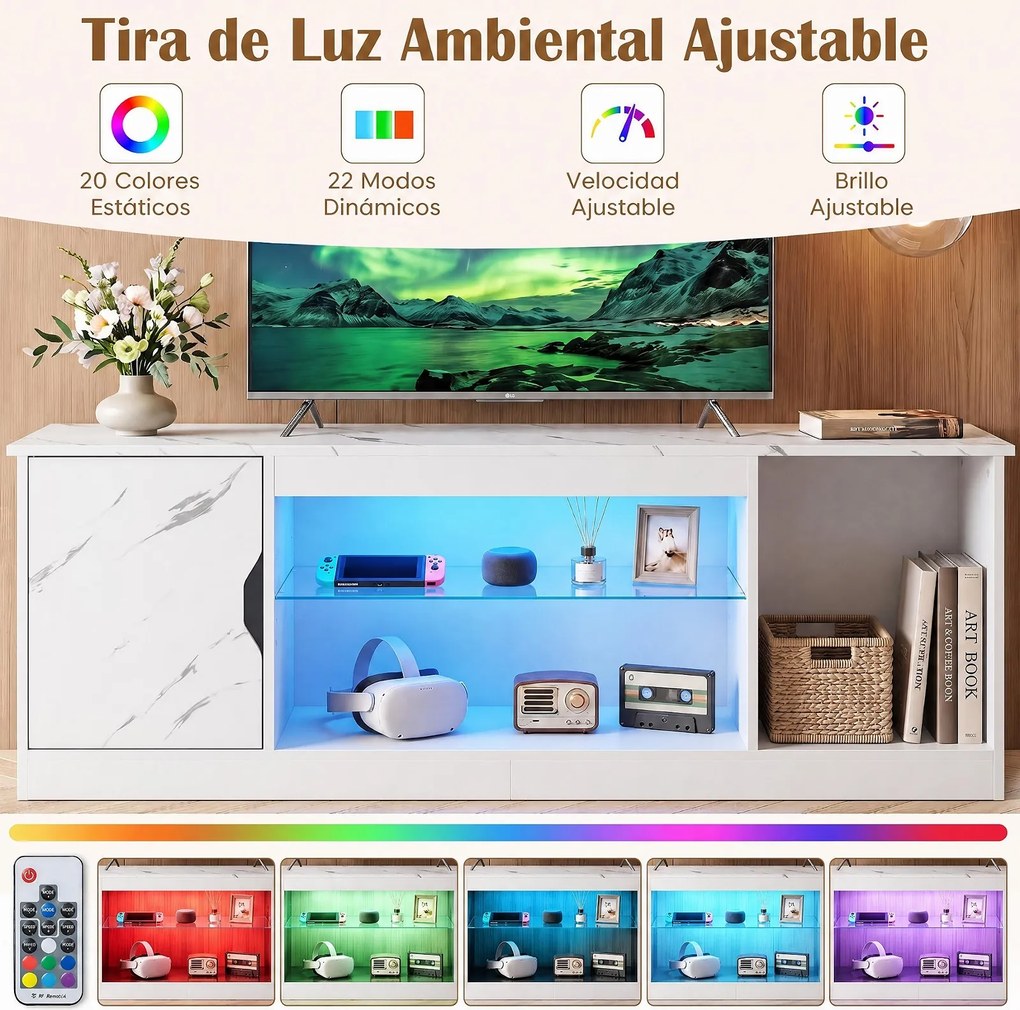 Móvel de TV, 148 x 35 x 52,5 cm, Iluminação LED com Comando à Distância, Branco