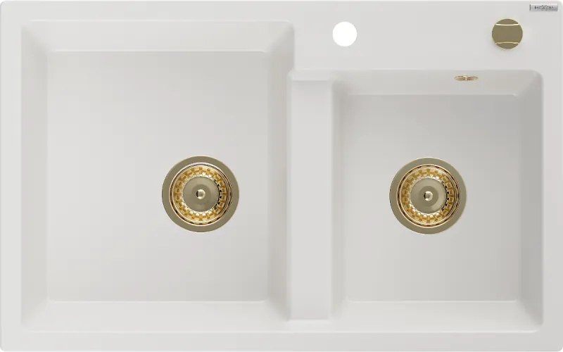 Mexen Tomas lava-louça de granito 2-comportas 800 x 500 mm, branco, sifão dourado - 6516802000-20-G