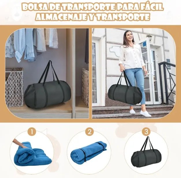 Colchão de enrolar Tapete de chão Tatami com capa lavável Tapete portátil com saco de transporte 200 x 140 x 10 cm Azul