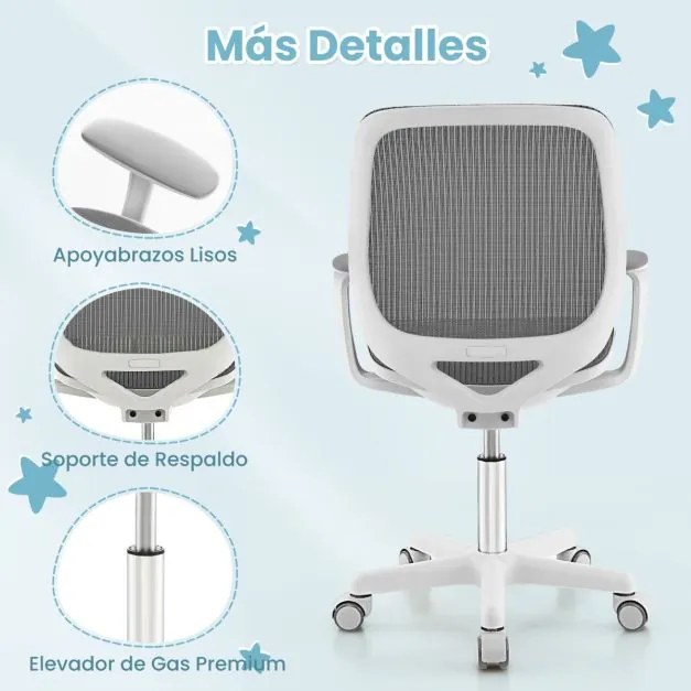 Cadeira giratória de escritório para crianças com altura ajustável, rodas com travão e braços lisos 57 x 57 x 80-92 cm Cinzento
