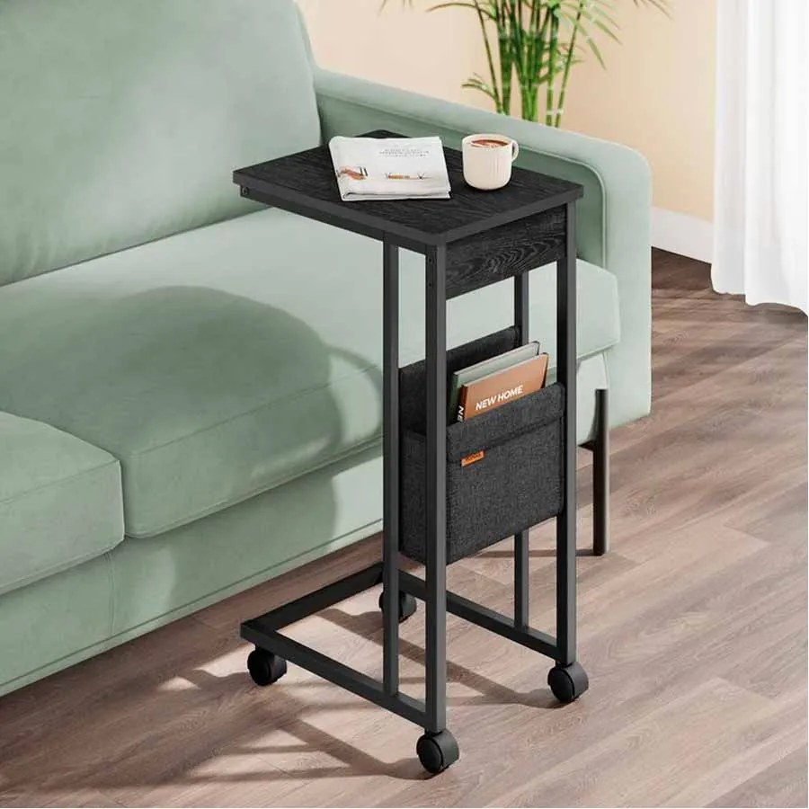 Mesa de apoio em forma de C sofá com saco de arrumação 30 x 40 x 62 cm preto