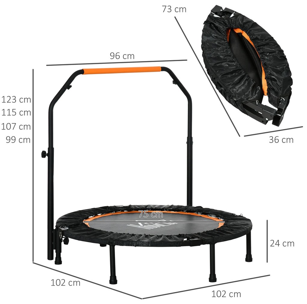 Trampolim Fitness Ø102 Trampolim Dobrável com Pega Ajustável em 4 Níveis Estrutura de Aço Preto e Laranja